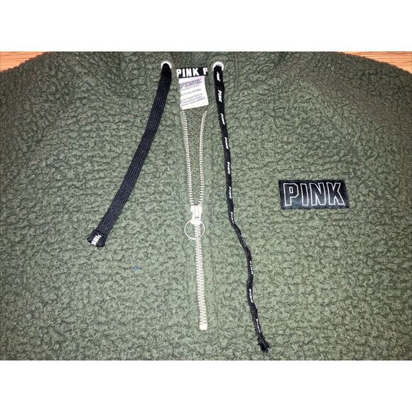 Victoria's Secret PINK Hunter Green Fleece Quarter Zip Sherpa Jacket Pullover S - Picture 2 of 4